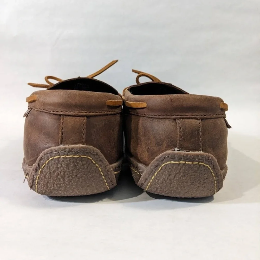 LL Bean Mens Leather Moccasin Slippers Brown Plaid Flannel Lined Size 12